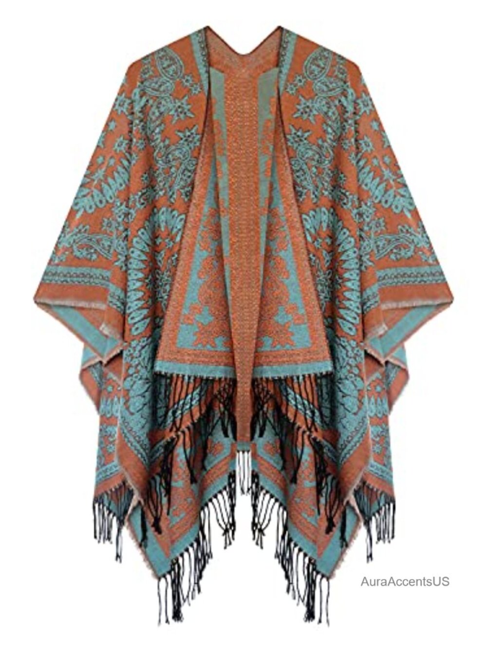 Open Front Poncho Shawl Wrap Western Printed Tassel Reversible